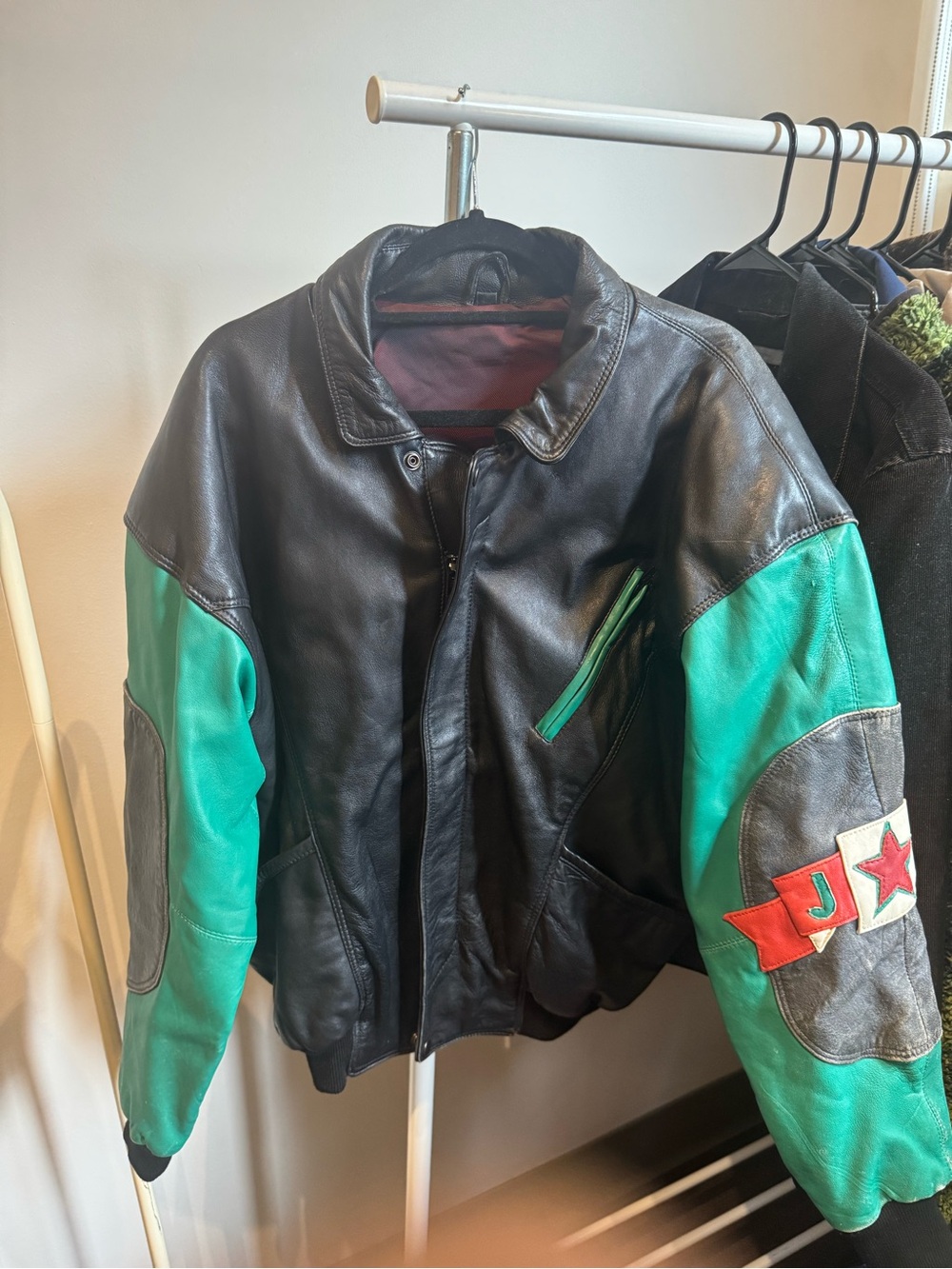 Pelle Pelle Black Leather Bomber with Teal Accent Sleeves